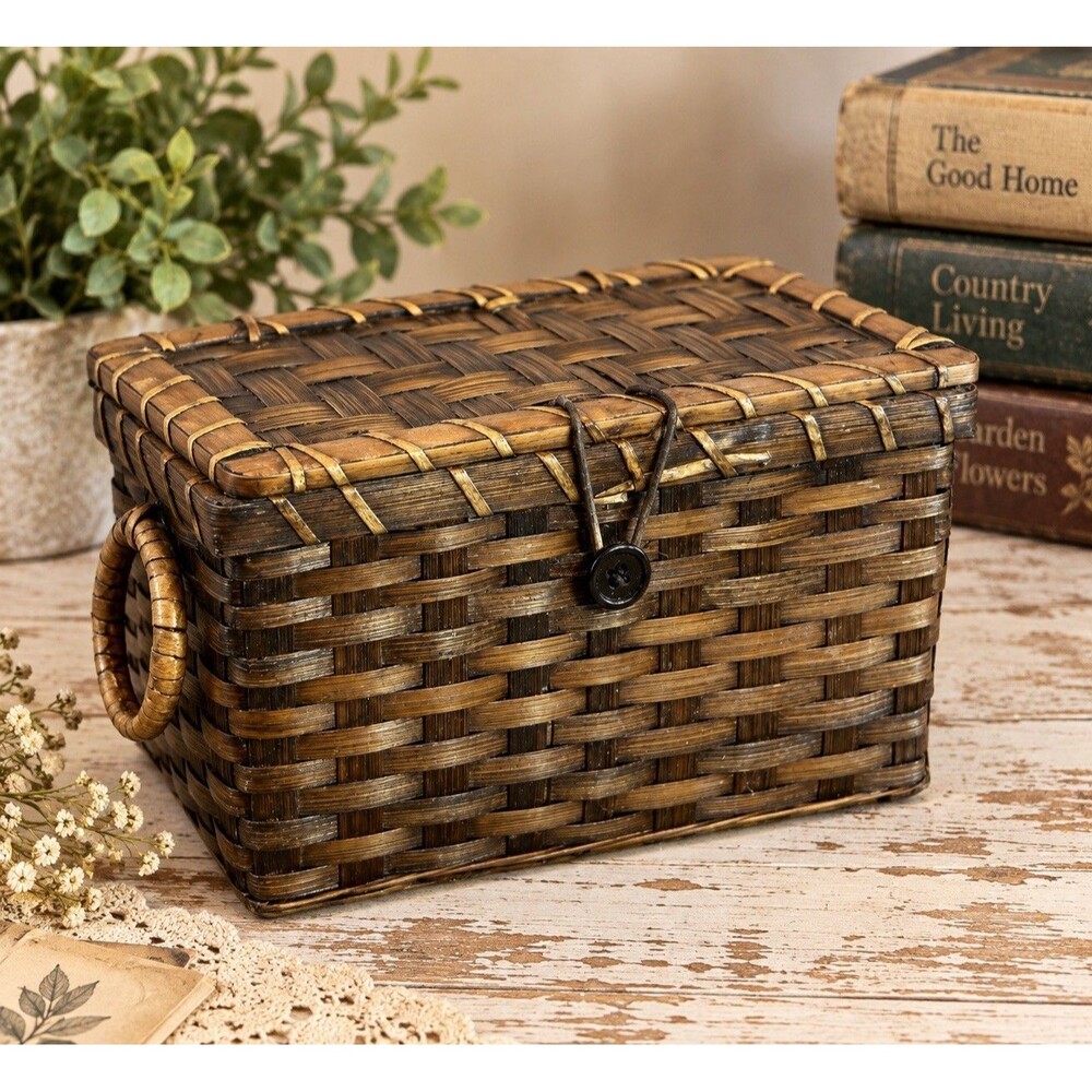 Vintage Woven Wicker Basket Hinged Lid Ring Handles Rustic Trinket Storage Decor